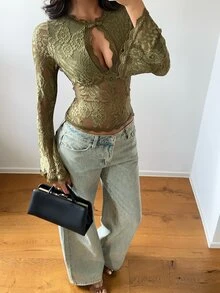 Aloruh Sexy Olive Green Lace Water Drop Neck Flare Sleeve Fitted Women's Top - Olive Green - View 5