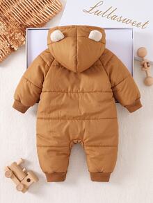 SHEIN Newborn Thermal Lined Quilted Thick Hooded Jacket With 3D Ear Decor, Cute Front Zipper, Suitable For Winter - Khaki - View 2