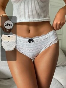 DAZY 2pcs/Pack Lace Patchwork Bow Print Short Women's Triangle Panties - Multicolor - View 7