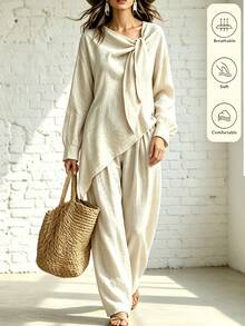 Breezaya Women's Fashion New Apricot Asymmetrical Hem Relaxed Lazy Ribbon Minimalist Simple Commute Shopping Date 2 Pieces Set - Apricot - View 4