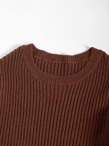 GlowEve CURVE Plus Size Vintage Brown Ribbed Crew Neck Metal Button Twist Knot Pullover Sweater - Brown - View 4