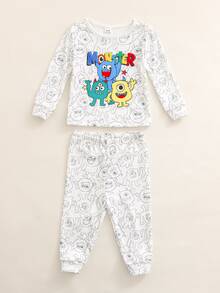 Cozy Pixies Set Piyama Bayi Laki-laki Pas Badan, Motif Kartun Gelap, Atasan Pullover Lengan Panjang Leher Bulat Rajut Lembut dan Celana Panjang Pinggang Elastis, Set 2 Potong - MultiWarna - View 4