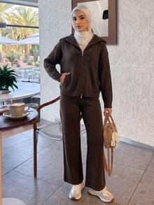 Solavon Women's Solid Color Long Sleeve Top And Pants Knit 2 Pieces Set - Brown - View 3