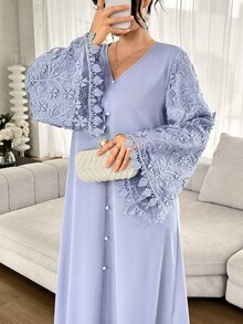 Yasmyna V-Neck Pearl Button Floral Water-Soluble Lace Bell Sleeve Elegant Loose Long Blue Arabian Dress - Blue - View 2