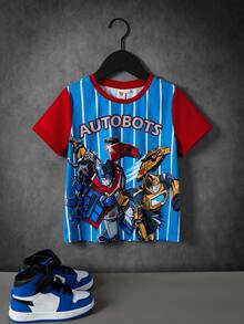 Transformers X SHEIN Young Boy Letter Cartoon Print Casual Daily Short Sleeve T-Shirt - Blue - View 3
