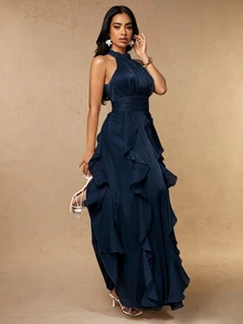 Silquee Women's Solid Color Pleated Elegant Waist-Cinched Long Dress For Party And Gathering - Navy Blue - View 6