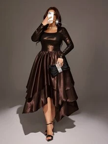 Viva Relle Plus Size Square Neck Long Sleeves Metallic Bodice With Satin Patchwork Asymmetrical Hem Party Dress Fall - Brown - View 6