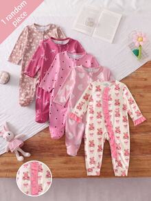 SHEIN Cute Printed Ruffle Loungewear For Baby Girls, Featuring Adorable Patterned Prints And Charming Ruffled Details.Suitable For Autumn And Winter - Multicolor - View 1