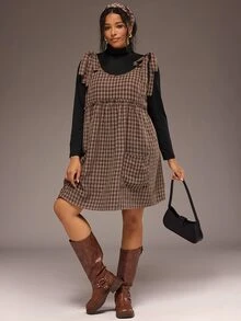 Freevana 2PC Plus Size Women Solid Color Turtleneck Long Sleeve Top And Plaid Shoulder Knot Strap Dress Set - Multicolor - View 4