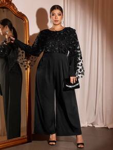 Cravure Plus Size Women's Party 3D Floral Long Sleeve Black Jumpsuit - Black - View 1
