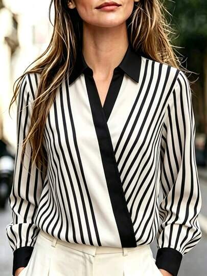 SHEIN Commuter Elegant Lapel Contrast Color Patchwork Striped Print Loose Fit Daily Versatile College Casual Shirt