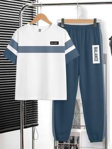 Tween Boy Casual Comfortable Fashion Minimalist Crew Neck Short Sleeve T-Shirt And Long Pants Set, Classic Color Block Stripe Pattern Print, Classic Text Label Pattern Print, Suitable For Back To School Season, Suitable For Sports - Multicolor - View 3