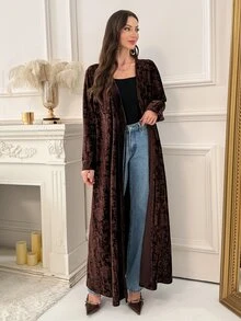 Yasmyna Women's Elegant Jacquard Long Sleeve Abaya - Brown - View 1