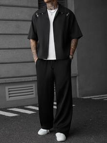SLATEMANN Men's Solid Color Short Sleeve Single-Breasted Casual Versatile Shirt - Black - View 6