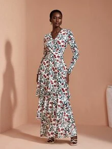 JIAN LASALA Gaun Panjang Elegan dengan Leher V Berbentuk Jala dan Lengan Panjang, serta Hemline Berumbai Tidak Merata - MultiWarna - View 3