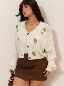 CovetEZ Spring/Autumn New Halloween Maple Leaf Embroidered Printed Casual Plus Size Cardigan - Beige - View 6