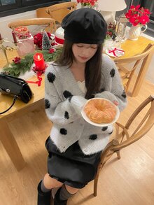 DAZY 女款波點拼色長袖韓式寬鬆開襟毛衣外套，秋冬款 - 藍色 - 查看 6
