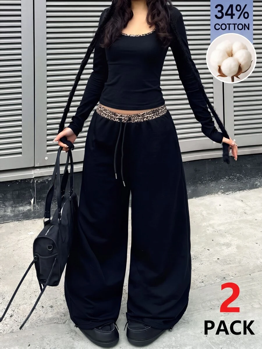 Coolane 女款秋冬街頭風休閒Y2K基礎日常穿著棉質豹紋拼接黑色長袖上衣與抽繩腰寬鬆長褲2件組 - 黑色 - 查看 1