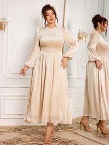 Modelyn 女款長袖荷葉領春秋天鵝絨抓皺亮面優雅精緻度假派對長洋裝，百搭舒適顯瘦大尺碼長裙 - 杏色 - 查看 4