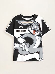 LOONEY TUNES X SHEIN 青少年男孩休閒卡通印花圓領短袖T恤 - 白色 - 查看 8