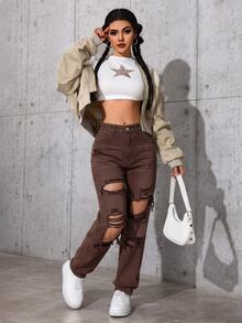 SHEIN ICON 休閒水洗磨損牛仔褲 - 棕色 - 查看 6