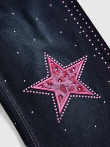 ROMWE Street Life Street Style Y2K Sweet & Cool Pink Leopard Print Star Rhinestone Wide Leg Women's Jeans - Dark Wash - View 4