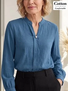 Miaspire Middle-Aged Women Casual Commute Solid Color Top - Dusty Blue - View 5