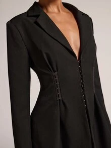 SHEIN BAE Women's Minimalist Design Waist-Cinched Black Long Sleeve Blazer, Suitable For Commuting And Social Events - Black - View 7