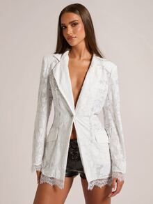 SHEIN BAE Women's New Chinese Style Stand Collar Brown Striped Long Sleeve Blazer, Suitable For Social Events And Office Commute - White - View 3