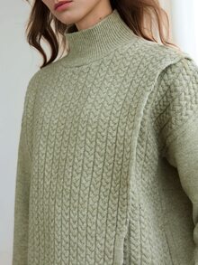 Dazy-Less Women's Green Round Neck Long Sleeve Cable Knit Fitted Ribbed Casual Sweater, Winter - Mist Green - View 5