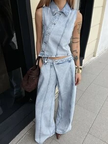 DAZY Light Blue Lapel Sleeveless Single-Breasted Waist-Cinching Denim Vest Paired With Loose Wide-Leg Denim Pants Set - Blue - View 3