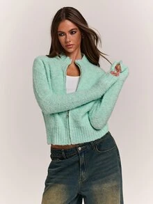 SHEIN BAE كارديجان نسائي كاجوال بسحاب أمامي، خريف/شتاء، أسلوب العقد الأول من القرن الحادي والعشرين - أخضر - مشاهدة 1