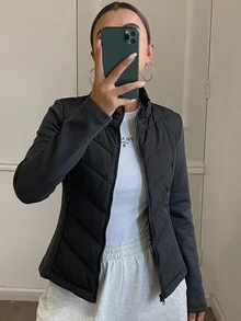 DAZY 女款秋冬修身腰部拼接加厚夾克外套 - 黑色 - 查看 3