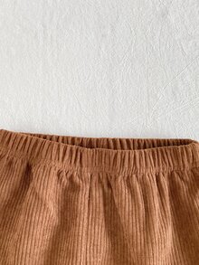 SHEIN Playful Pals 2件組小男孩休閒風棕色米色條紋燈芯絨口袋長袖圓領T恤+長褲，適合戶外、秋季、秋冬、假期、上學 - 棕色 - 查看 5