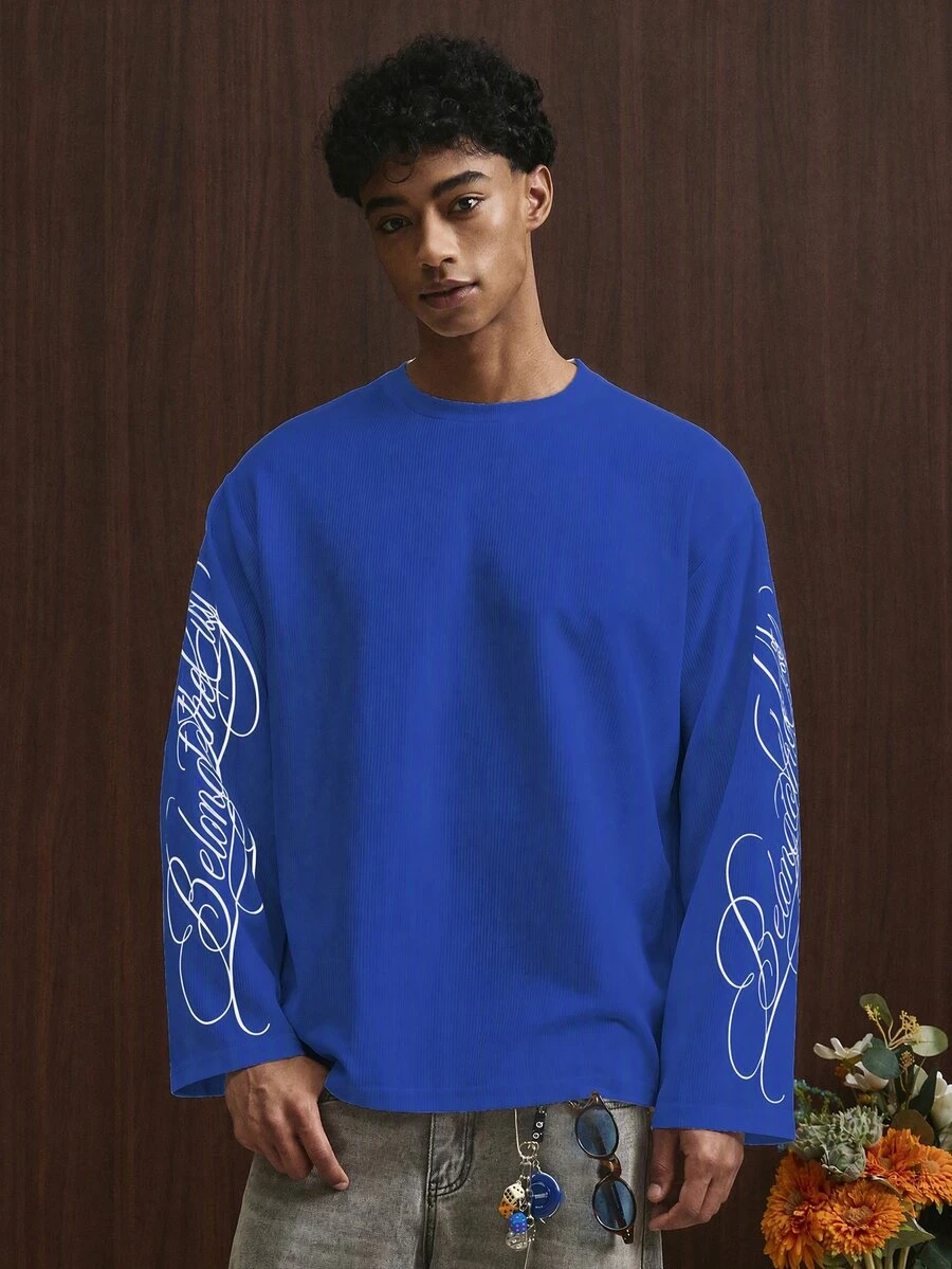 TOKVUE Men's Young Casual Vintage Font Print Long Sleeve T-Shirt - Dusty Blue - View 1