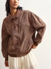 Bohemela Jaket Wanita Tenun Warna Polos Kasual - Coklat - View 2