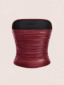 SHEIN EZwear 紅色高彈性PU材質縮褶腰帶式抹胸上衣，女款大尺碼 - 紅色 - 查看 2