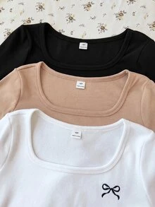 SHEIN Tween Girl Tween Girl Autumn/Winter New Casual Minimalist Comfortable Knit Fleece Solid Color Square Neck Long Sleeve T-Shirt 3pcs/Set - Multicolor - View 3