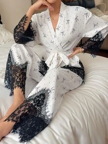 Napfluff Women's Bowknot Polka Dot Print Loose Comfortable Long Sleeve Pajama Set With Lace Trim, Suitable For All Seasons - White - View 7