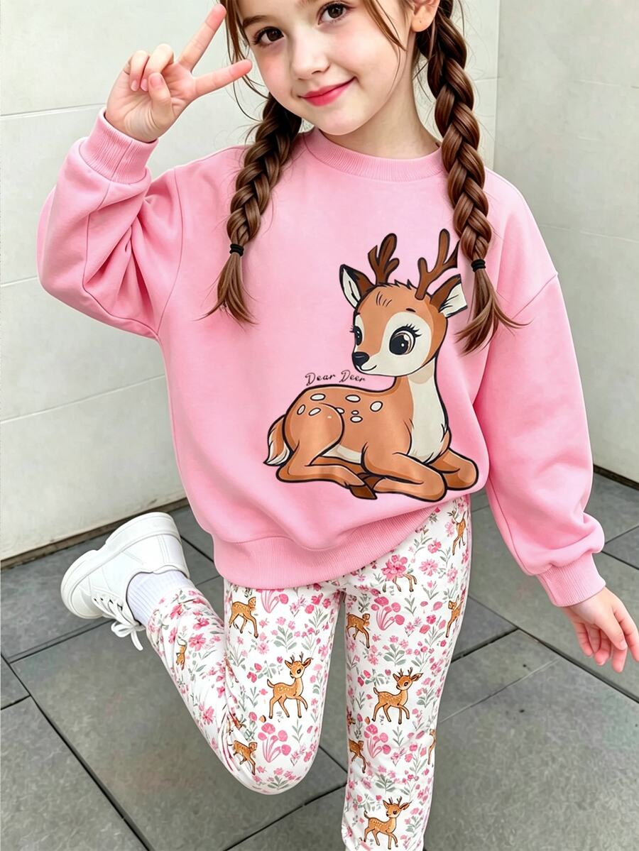 Young Girls 2 Pcs Cartoon Deer Crew Neck Sweatshirt & Floral Print Leggings Fall Style Sweet Casual Outfit - Multicolor - View 1