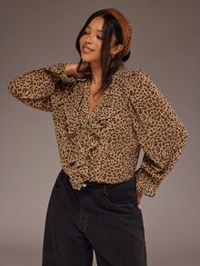 Freevana Plus Size Women's Chiffon Printed Long Sleeve Blouse, Leopard Print Ruffle Blouse - Multicolor - View 1
