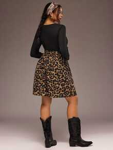 Freevana Leopard Print Tie-Waist Dress With Scoop Neck, Long Sleeves And Side Slit, Curvy-Friendly Staple Fall - Black - View 2