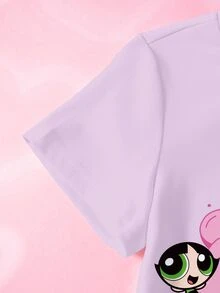 THE POWERPUFF GIRLS X SHEIN Young Girl Letter Cartoon Print Casual Daily Short Sleeve T-Shirt - White - View 4