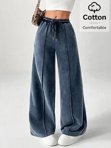 SHEIN PETITE Snow-Washed Women's Drawstring Wide Leg Sweatpants - Blue - View 4