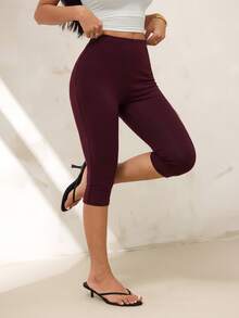 SHEIN PETITE 女款純色高腰休閒百搭日常穿著緊身內搭褲 - 酒紅色 - 查看 2