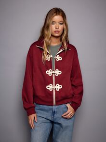 Nöista Women Burgundy Sweater With Front Oriental Buttons In Contrast Color. Perfect For Weekend, Activewear Jacket,  Everyday, Fall,  Winter,  Outfits. - Burgundy - View 1