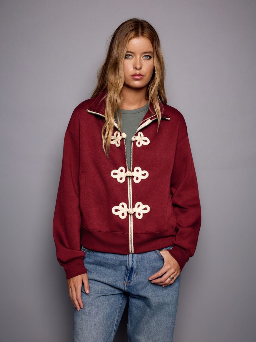 Nöista Women Burgundy Sweater With Front Oriental Buttons In Contrast Color. Perfect For Weekend, Activewear Jacket, Everyday, Fall, Winter, Outfits. - Burgundy - View 1