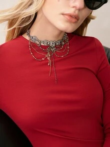 MOTF PREMIUM EXQUISITE ELEGANT EMBROIDERED FLORAL ROUND NECK LONG DRESS - Burgundy - View 2