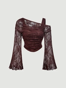 SHEIN MOD 白色露肩蕾絲二合一喇叭袖長袖女款上衣 - 棕色 - 查看 1