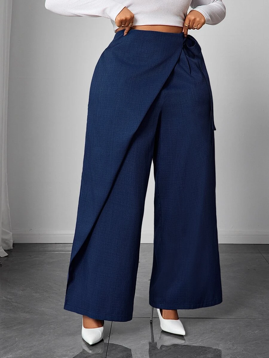 Maweii Celana Kulot Biru Ukuran Besar Elegan Warna Polos dengan Ikatan Samping di Depan dan Model Drape untuk Musim Gugur - Biru - View 1